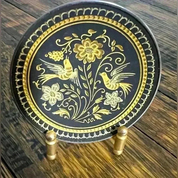 Damascene Gold Dove Design Round Decorative Mini Plate by Midas of Toledo Spain - Picture 1 of 8